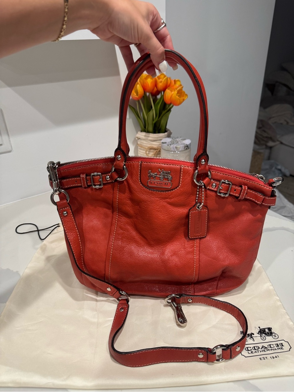Coach Orange Leather Shoulder Tote with Removable Strap